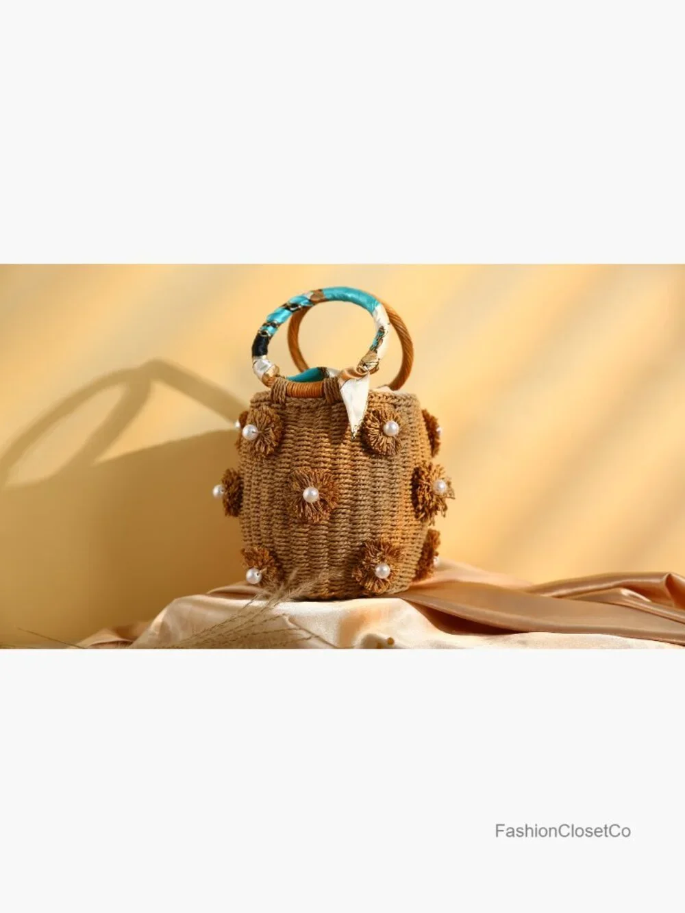 Rattan Straw Bucket Bag with Pearl Flowers - Handwoven Summer Beach Tote - Picture 7 of 7
